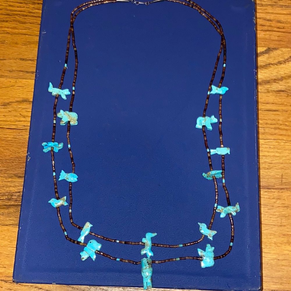 Vintage 2 Strand Native American Fetish Necklace - .925 & Turquoise Animals